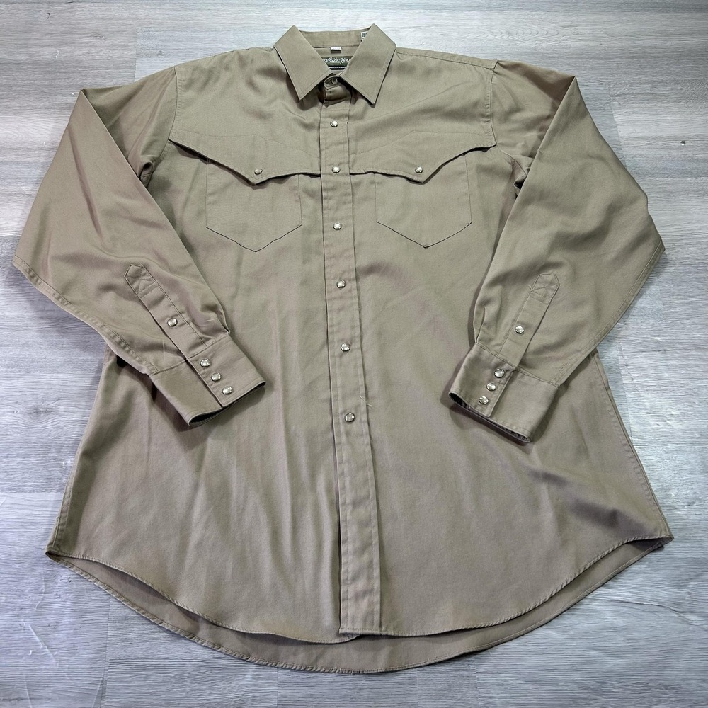 White Horse Shirt Mens Large Beige Solid Long Sleeve Western Snap Button‎ Up